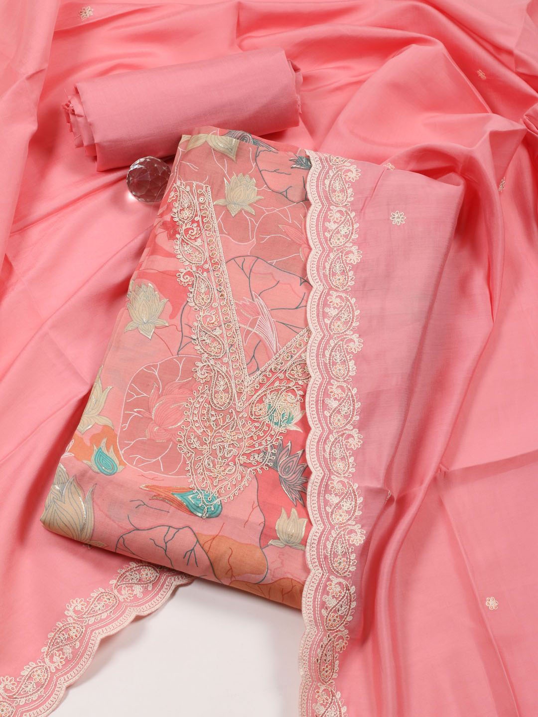 

Meena Bazaar Printed Unstitched Dress Material, Pink