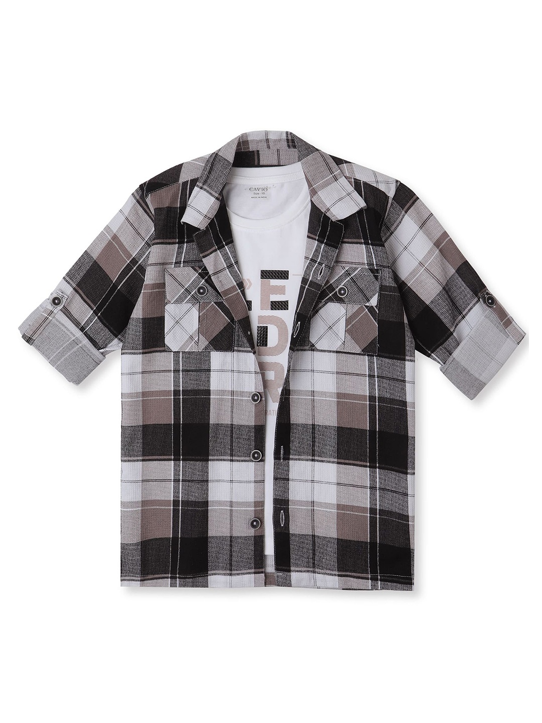 

CAVIO Boys Cuban Collar Tartan Checked Cotton Casual Shirts & T-Shirt, Black