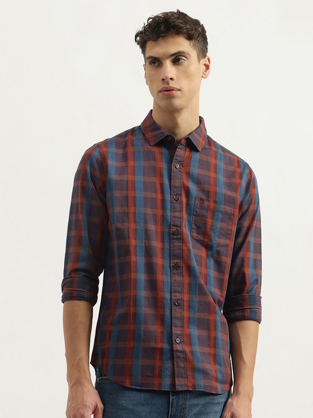

United Colors of Benetton Men Spread Collar Checked Cotton Casual Shirt, Multi