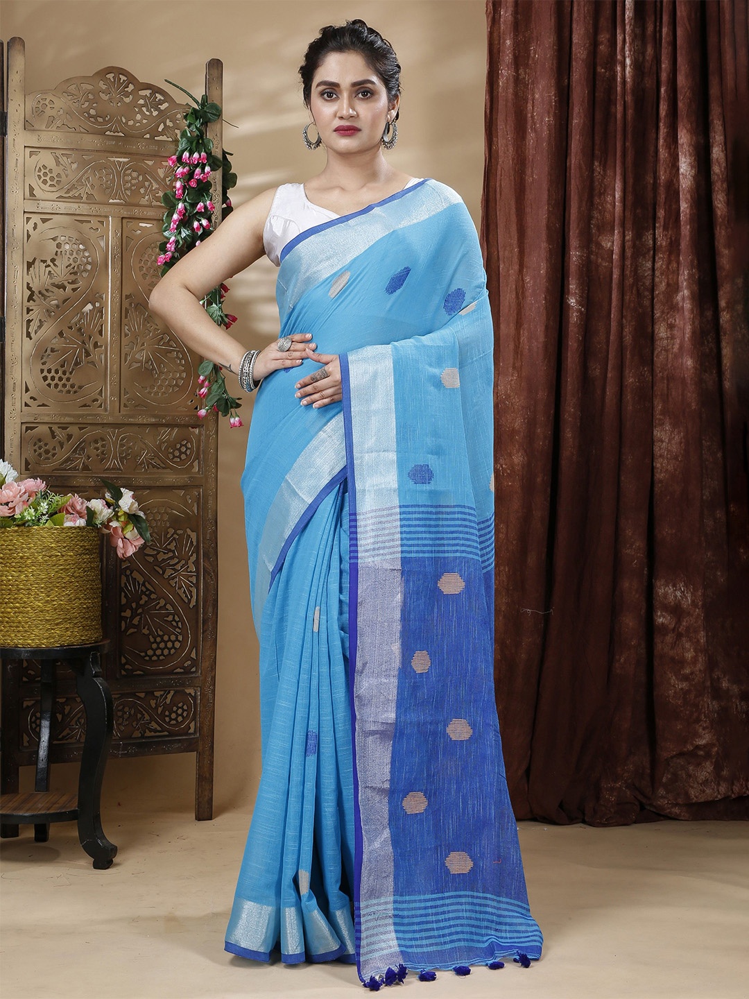 

SLAGHA Ethnic Motifs Zari Pure Cotton Handloom Khadi Saree, Turquoise blue