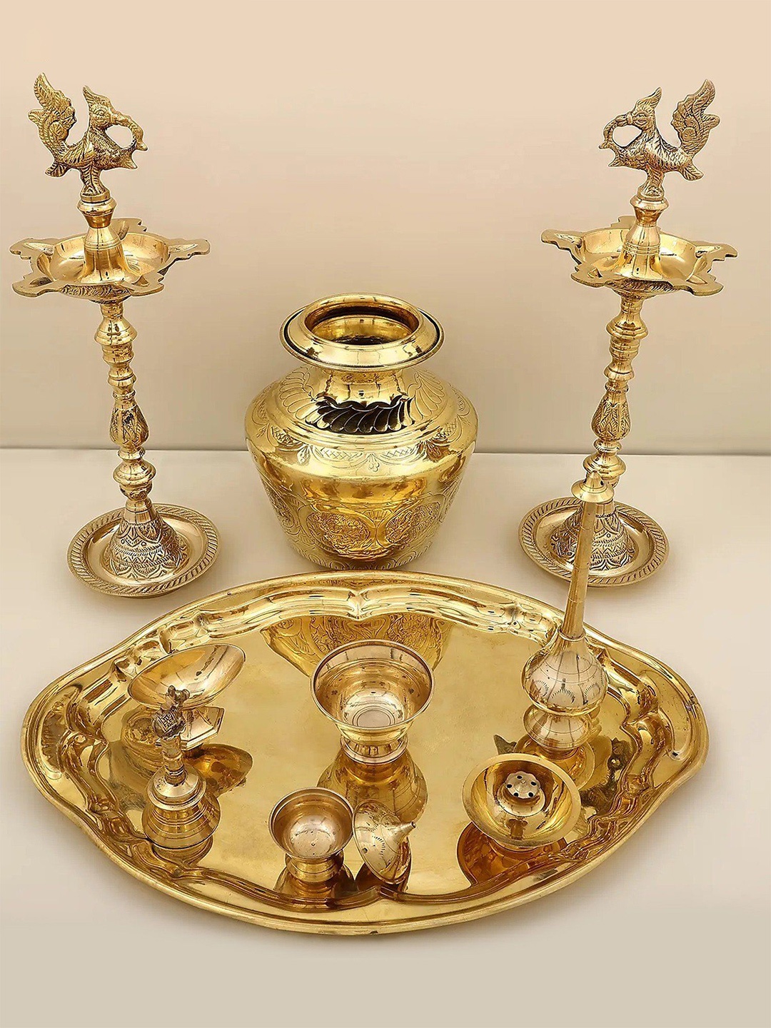 

Exotic India Brass Nirai Kudam Set, Gold