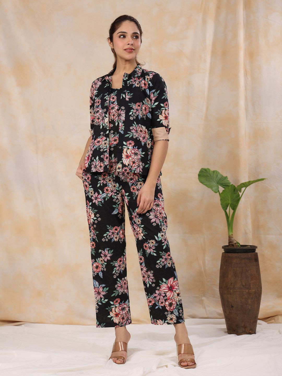 

SANSKRUTIHOMES Printed Cotton Top With Trouser Co-Ords, Black