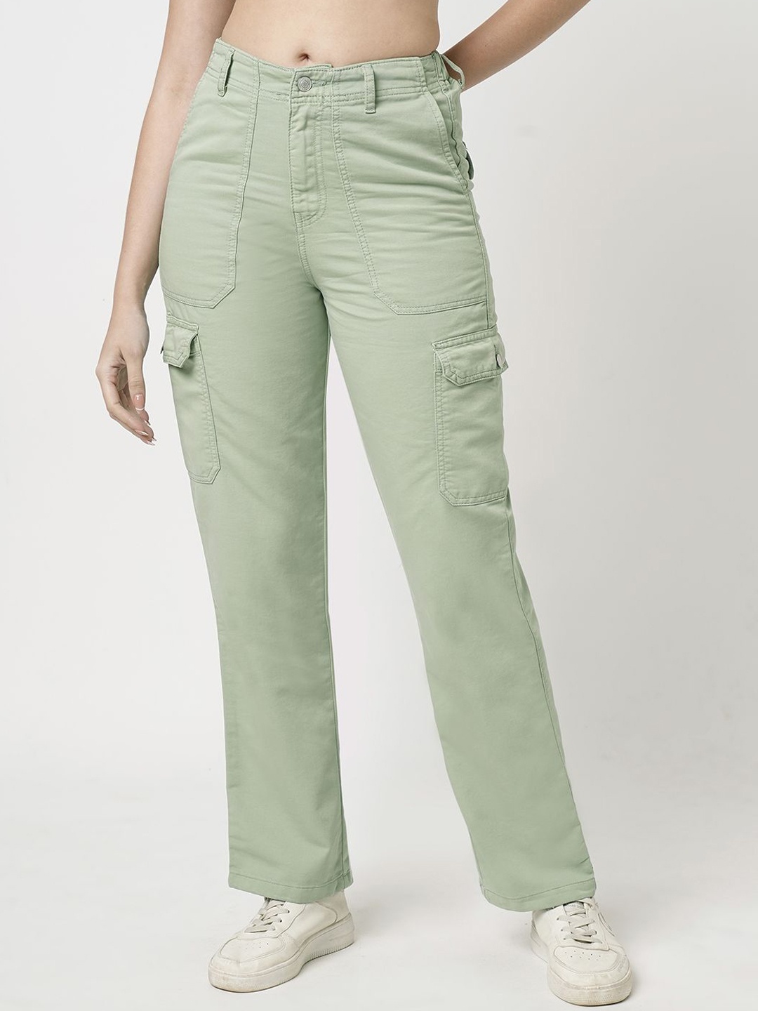 

Kraus Jeans Women Solid Relaxed Straight Leg Loose Fit High-Rise Cargos Casual Trousers, Green