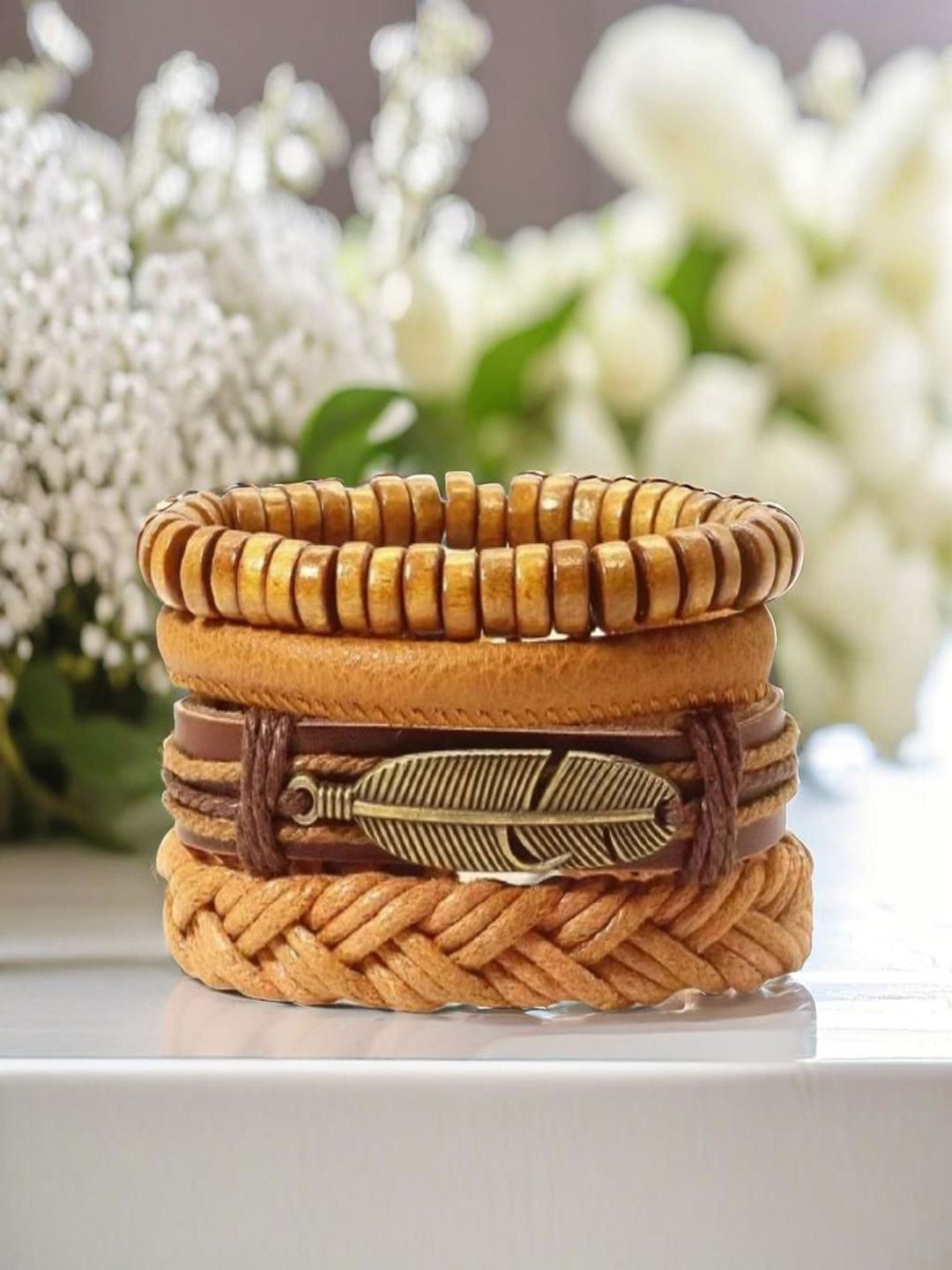 

UNIVERSITY TRENDZ Men Bohemian Oxidized Leather & Beaded Multistrand Bracelet, Brown