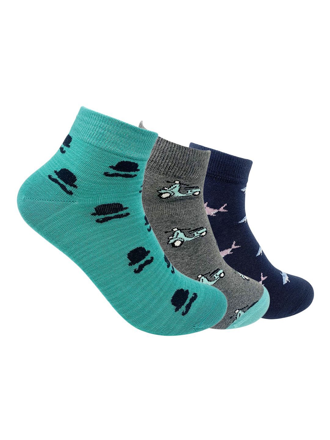 

Mint & Oak Men Pack Of 3 Patterned Organic Cotton ankle-Length Socks, Multi