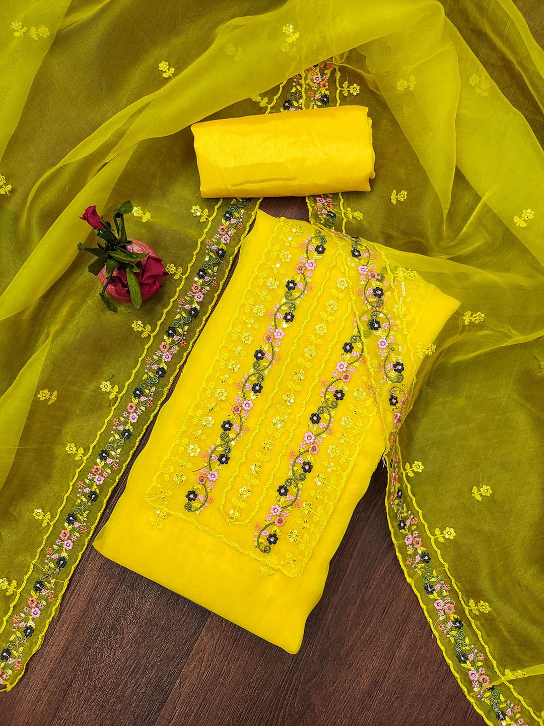 

MANVAA Embellished Organza Unstitched Dress Material, Yellow