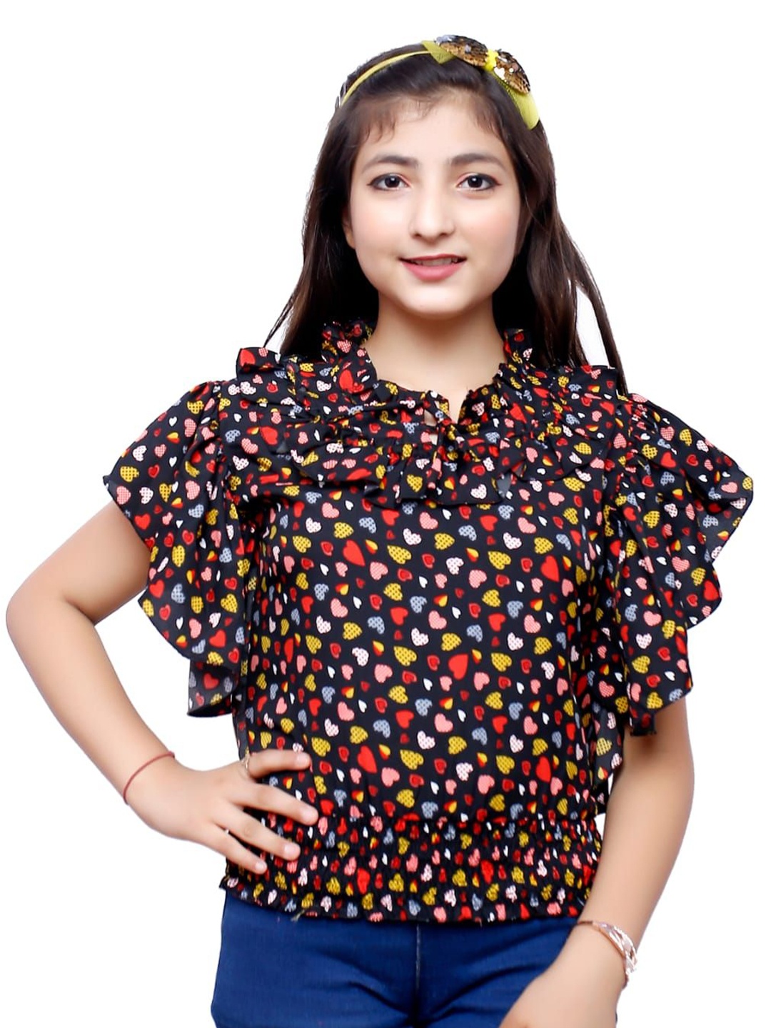 

FELLAMO Polka Dot Print Flutter Sleeve Blouson Top, Black