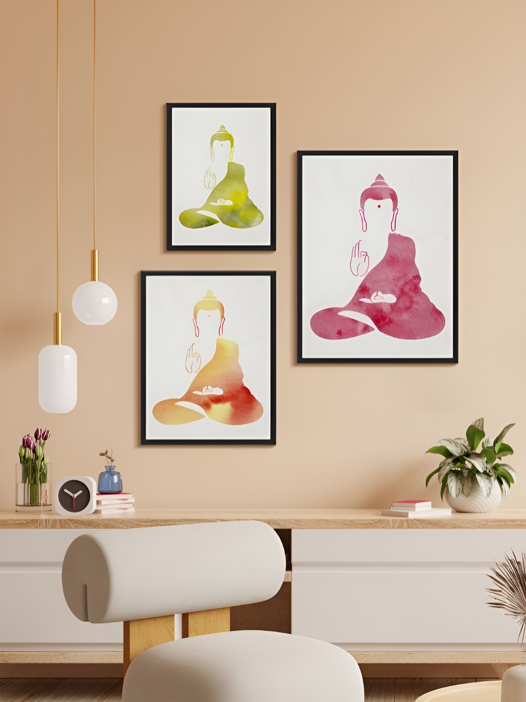 

999Store Pink & Green 3 Piece Paper Religious Wall Paintings