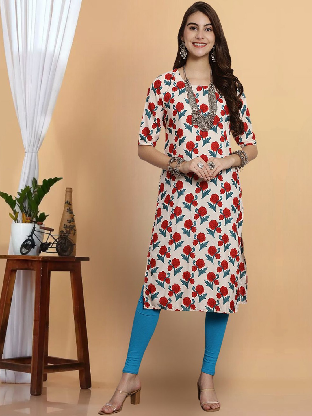 

1 Stop Fashion Floral Printed Round Neck Short Sleeves Straight Kurta, Beige