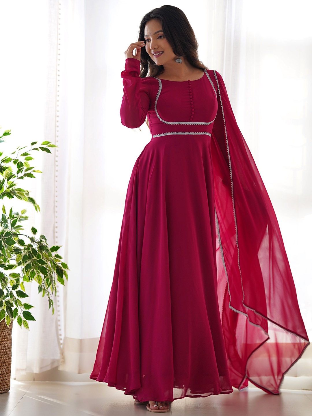 

CaniBani Women Floral Yoke Design Regular Kurta with Trousers & With Dupatta, Pink