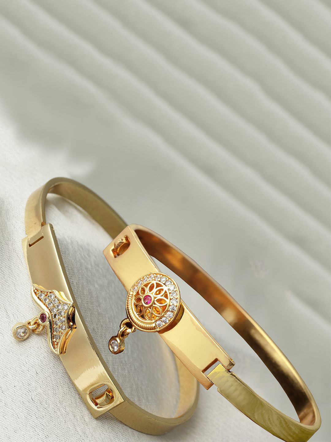

ZENEME Set of 2 Cubic Zirconia Gold-Plated Studded Charm Bracelet