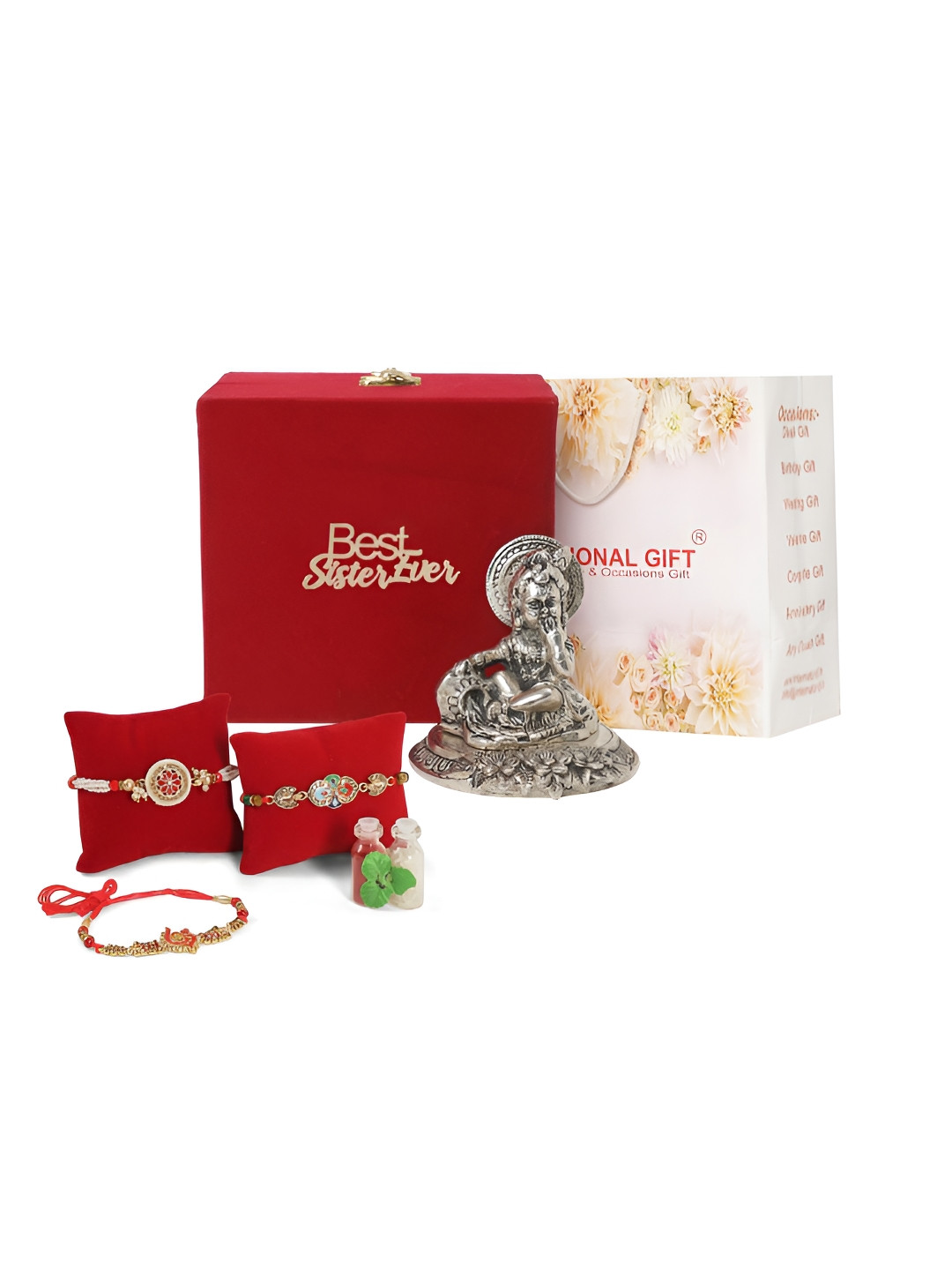 

INTERNATIONAL GIFT Set Of 3 Rakhi Gift Set with Silver Laddu Gopal God Idol