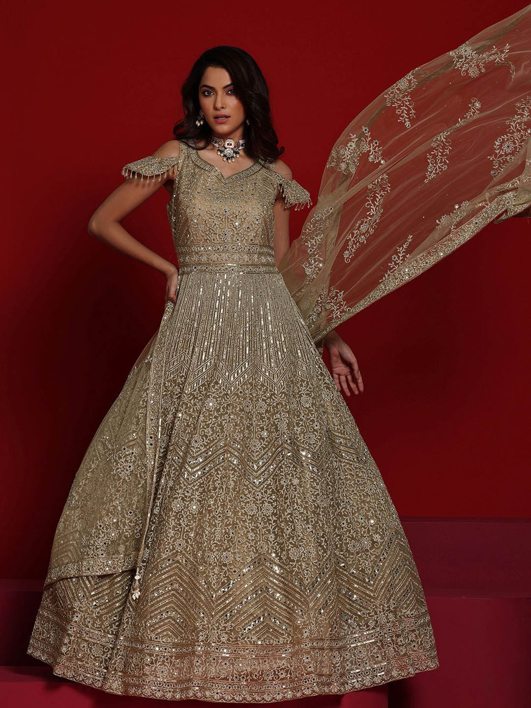 

Libas Art Embellished Gown Ethnic Dresses, Beige