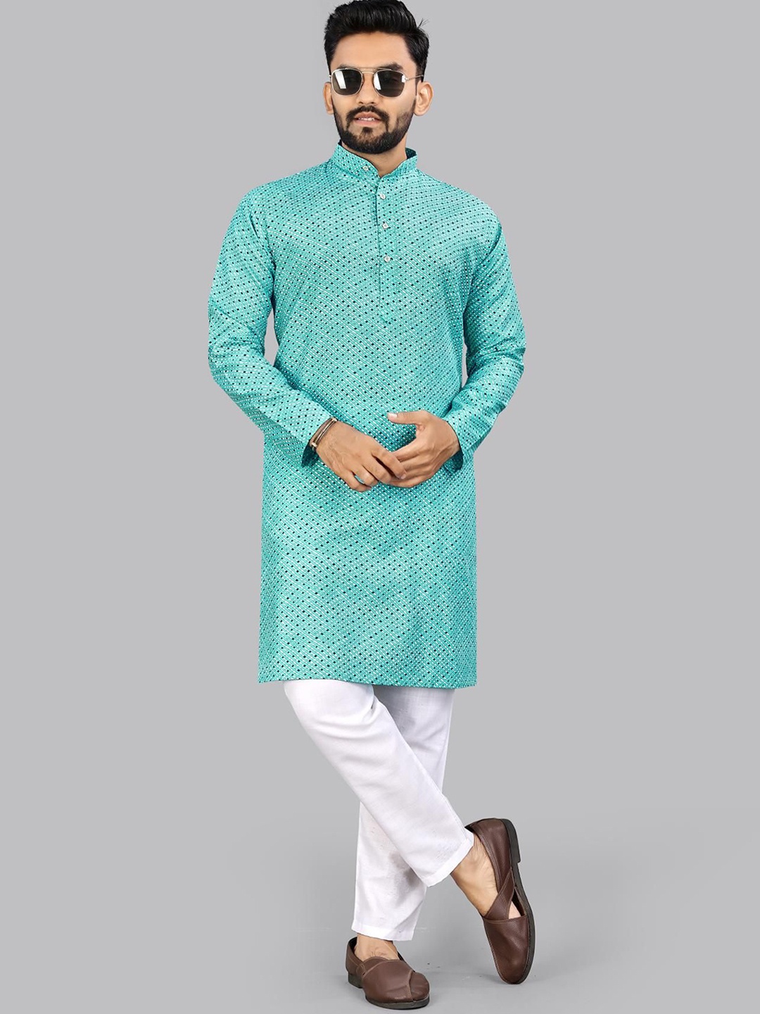 

allan peter Men Geometric Thread Work Kurta, Blue