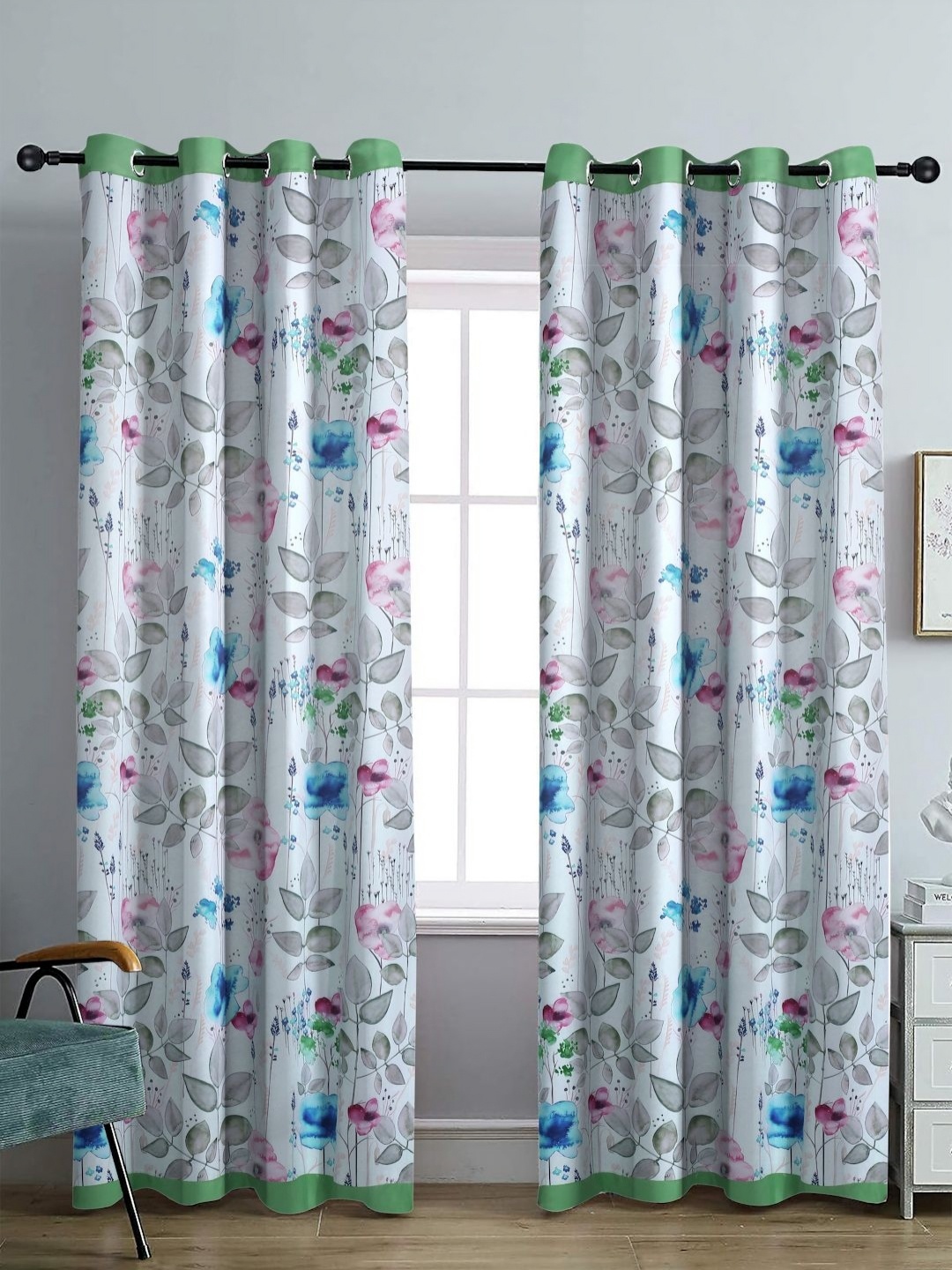 

Aura White & Green Set of 2 Floral Black Out Long Door Curtain