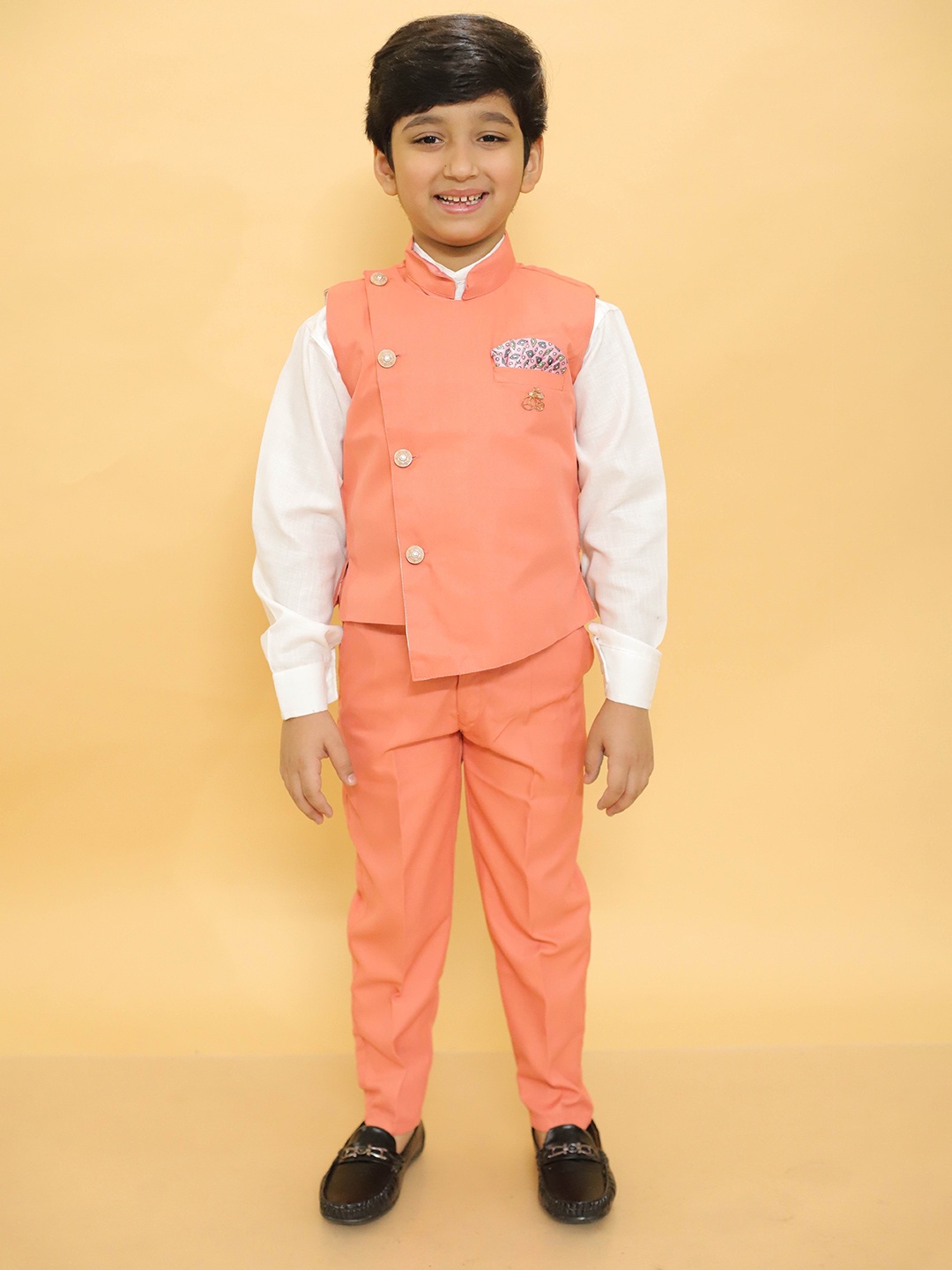 

ALLES MARCHE Boys Set Of 3 Double Breasted Bandhgala Suit, Peach