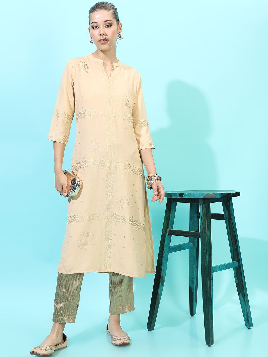 

Vishudh Women Geometric Striped Keyhole Neck Thread Work Kurta, Beige