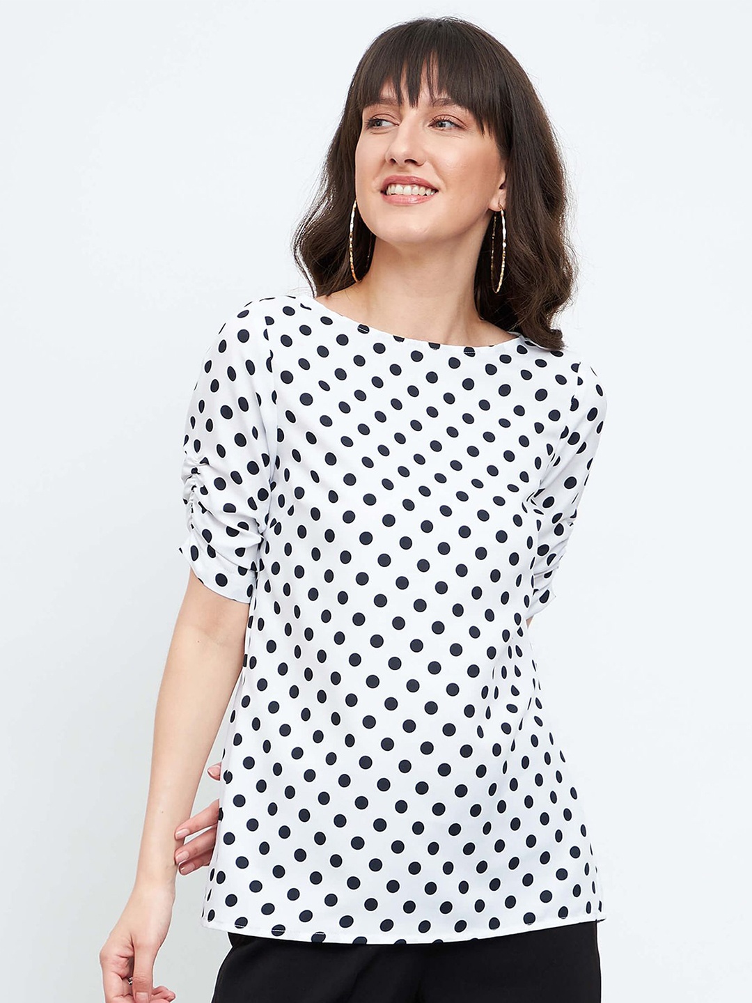 

SALT ATTIRE Women Polka Dots Printed Round Neck Top, White