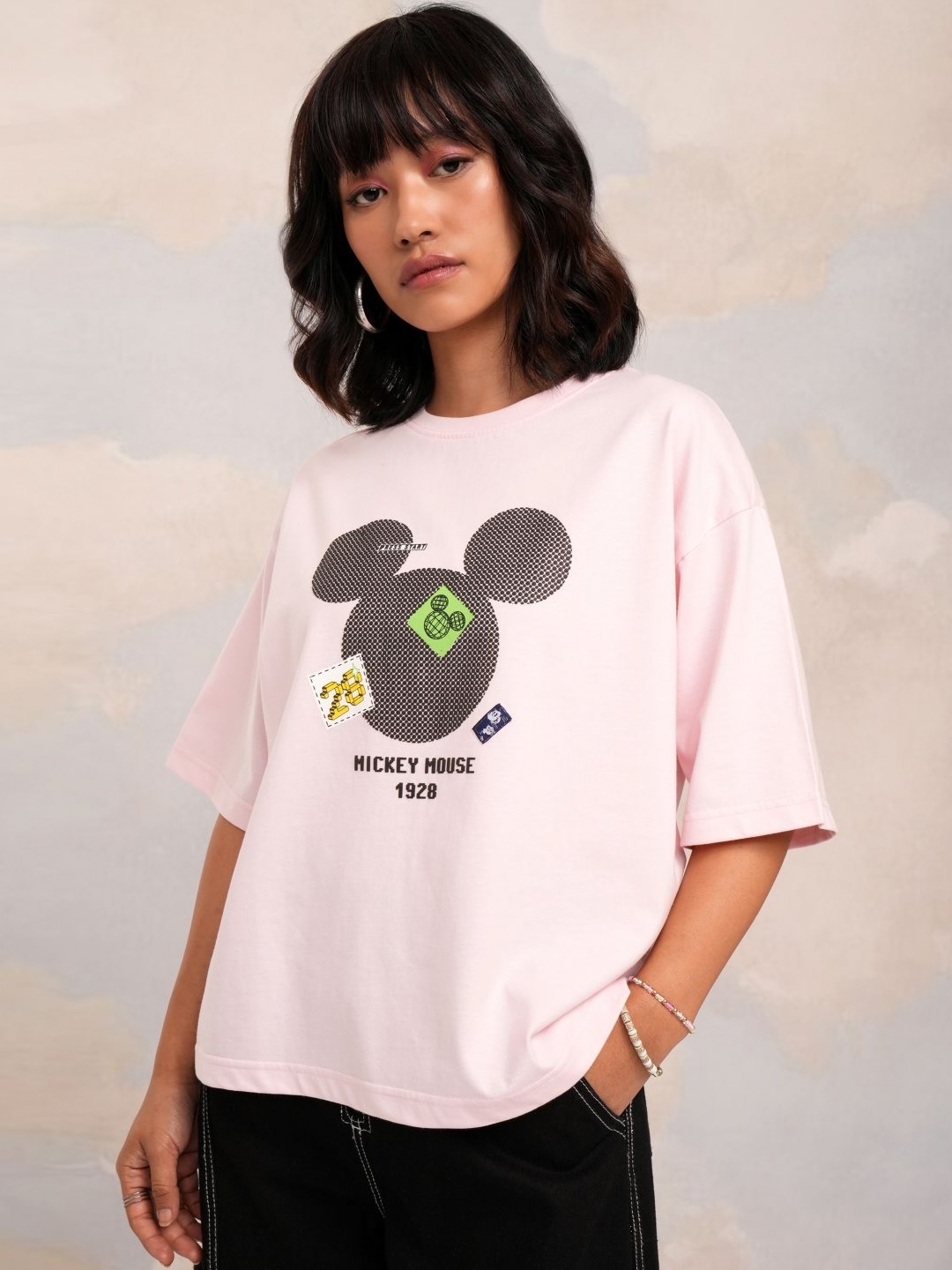 

Tokyo Talkies Women Mickey Mouse Printed Boxy T-shirt, Pink