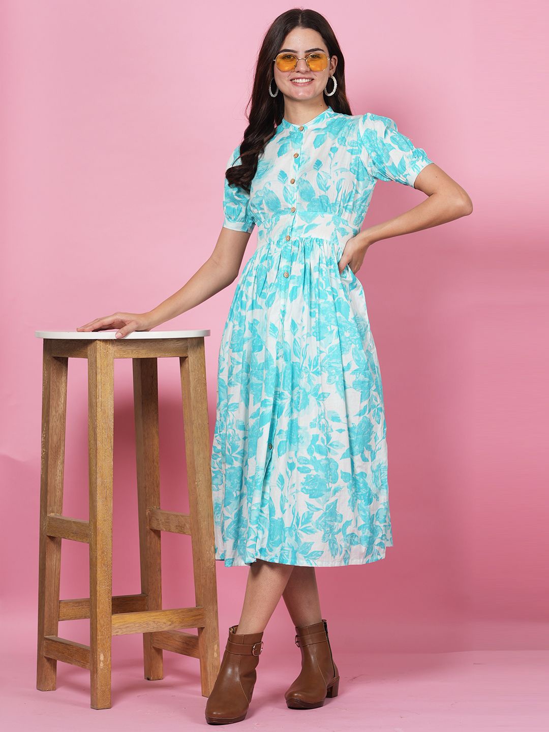

LABEL KRISHA Floral Printed Puff Sleeve Fit & Flare Midi Dress, White