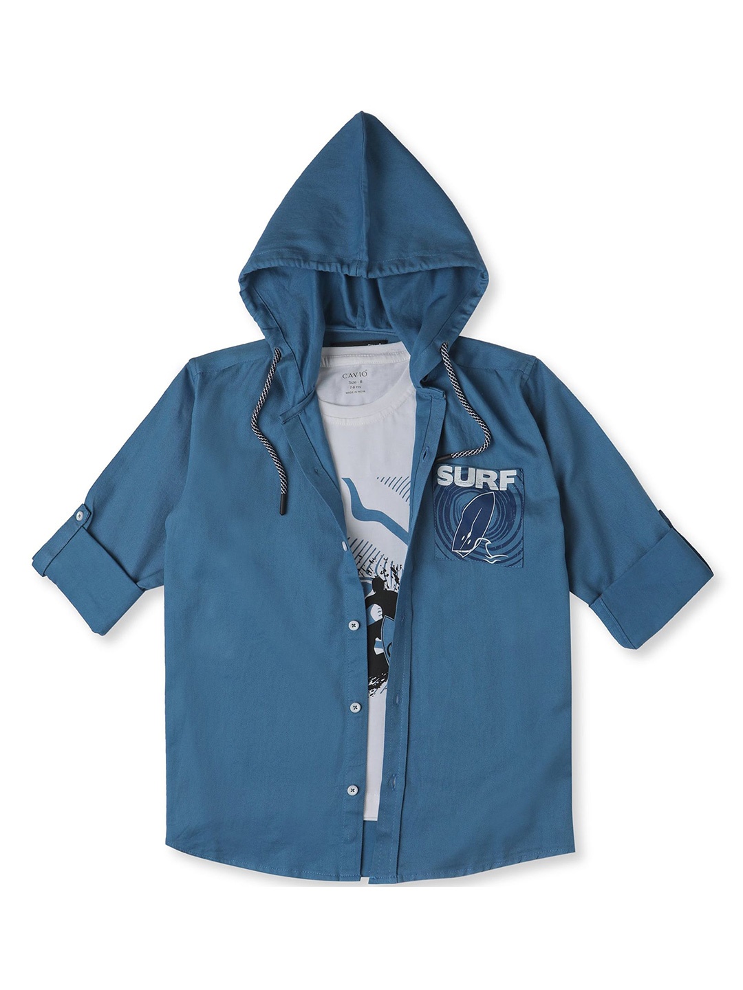 

CAVIO Boys Hood Graphic Printed Cotton Casual Shirt & T-Shirt, Blue