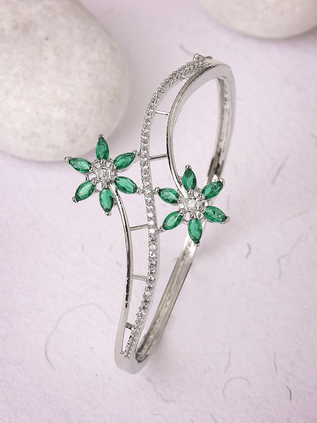 

ZENEME Rhodium-Plated American Diamond Bangle-Style Bracelet, Silver