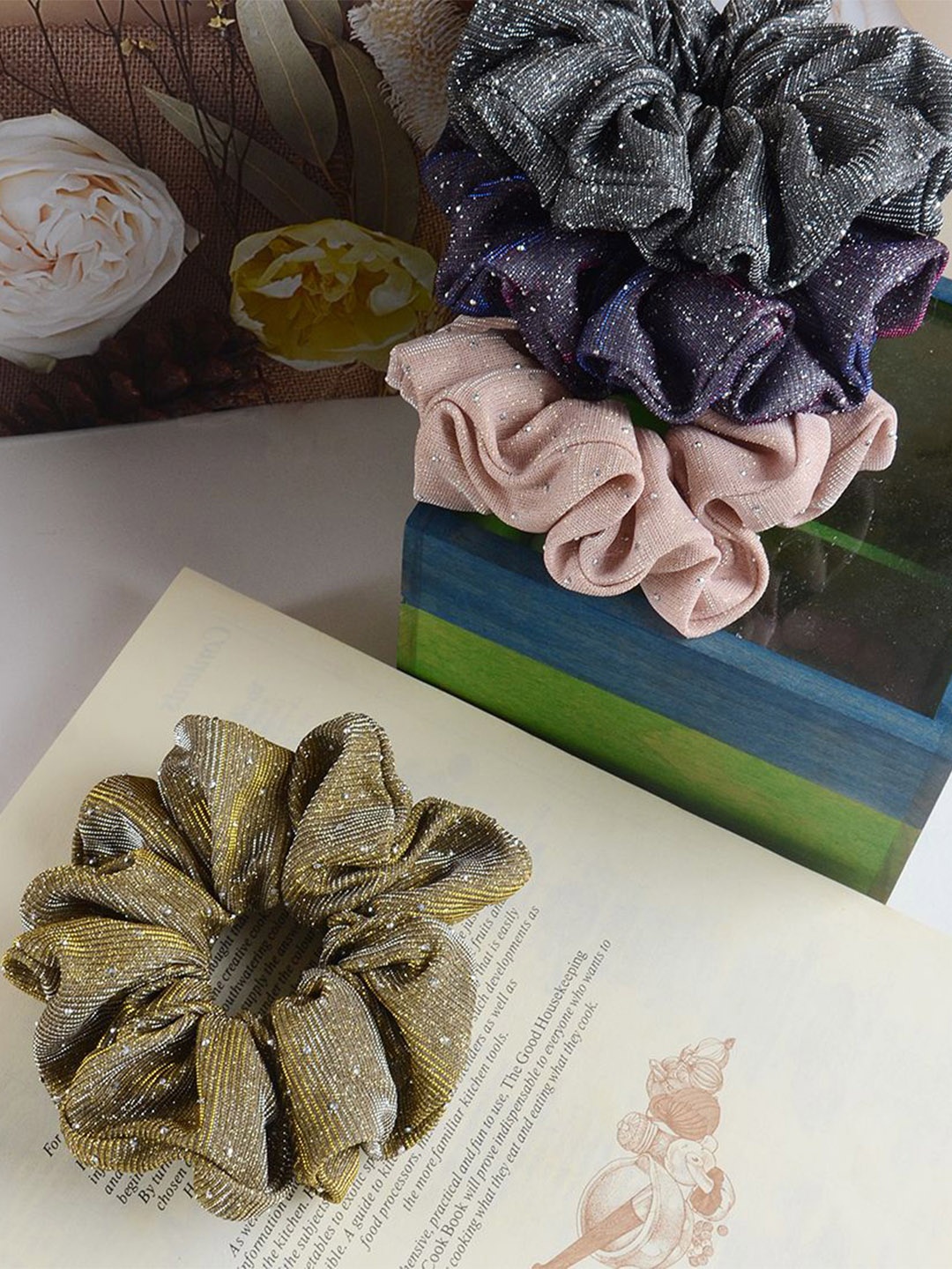 

Radhu & Kabby Set of 4 Women Embellished Ponytail Holders, Olive