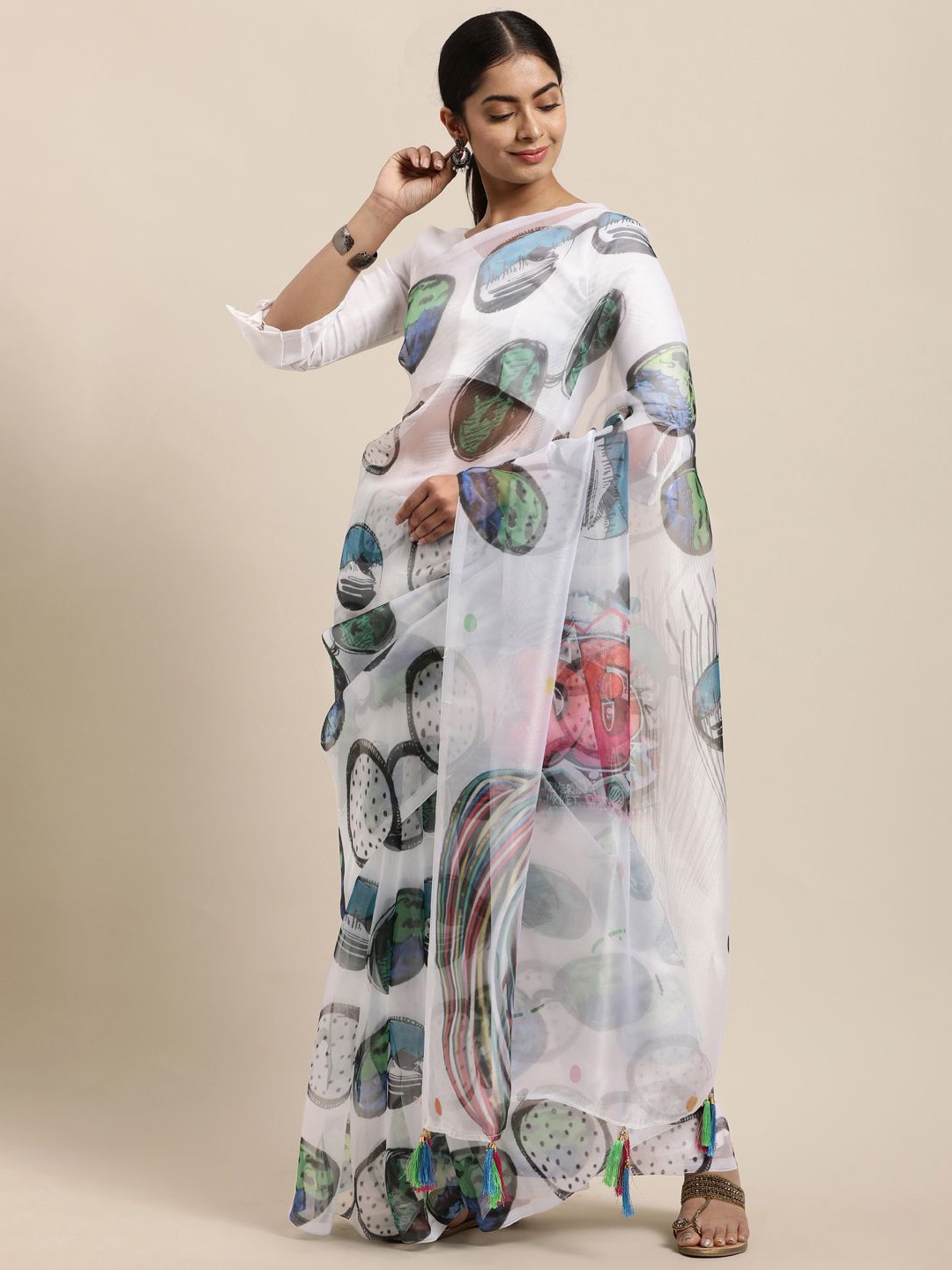 

KIMISHA Printed Abstract Organza Saree, White