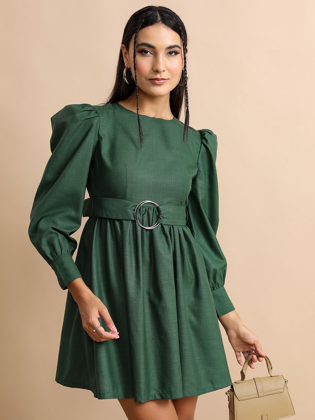 

Tokyo Talkies Solid Cuffed Sleeves Fit & Flare Dress, Green