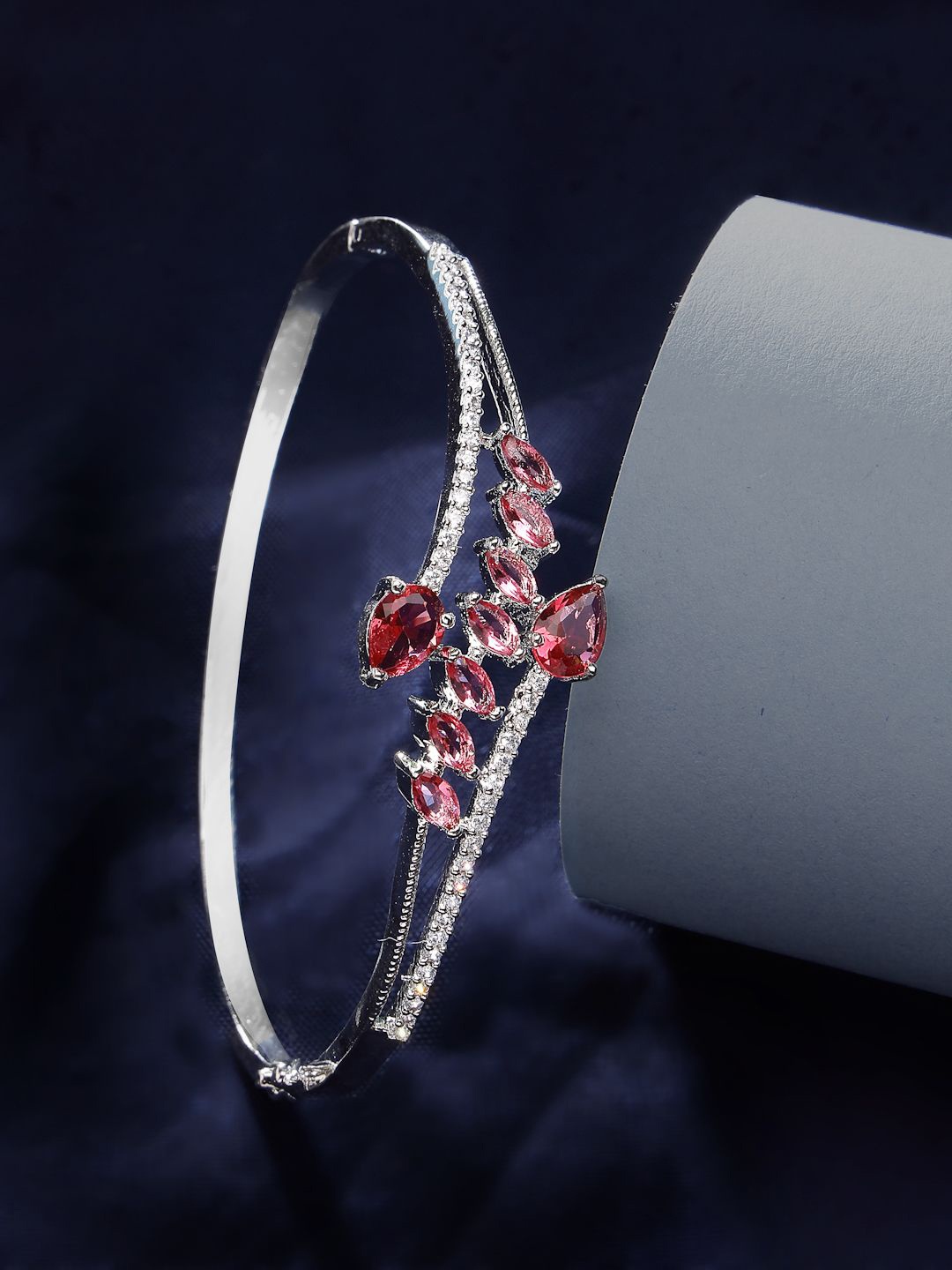 

ZENEME Rhodium Plated American Diamond Studded Bangle-Style Bracelet, Silver