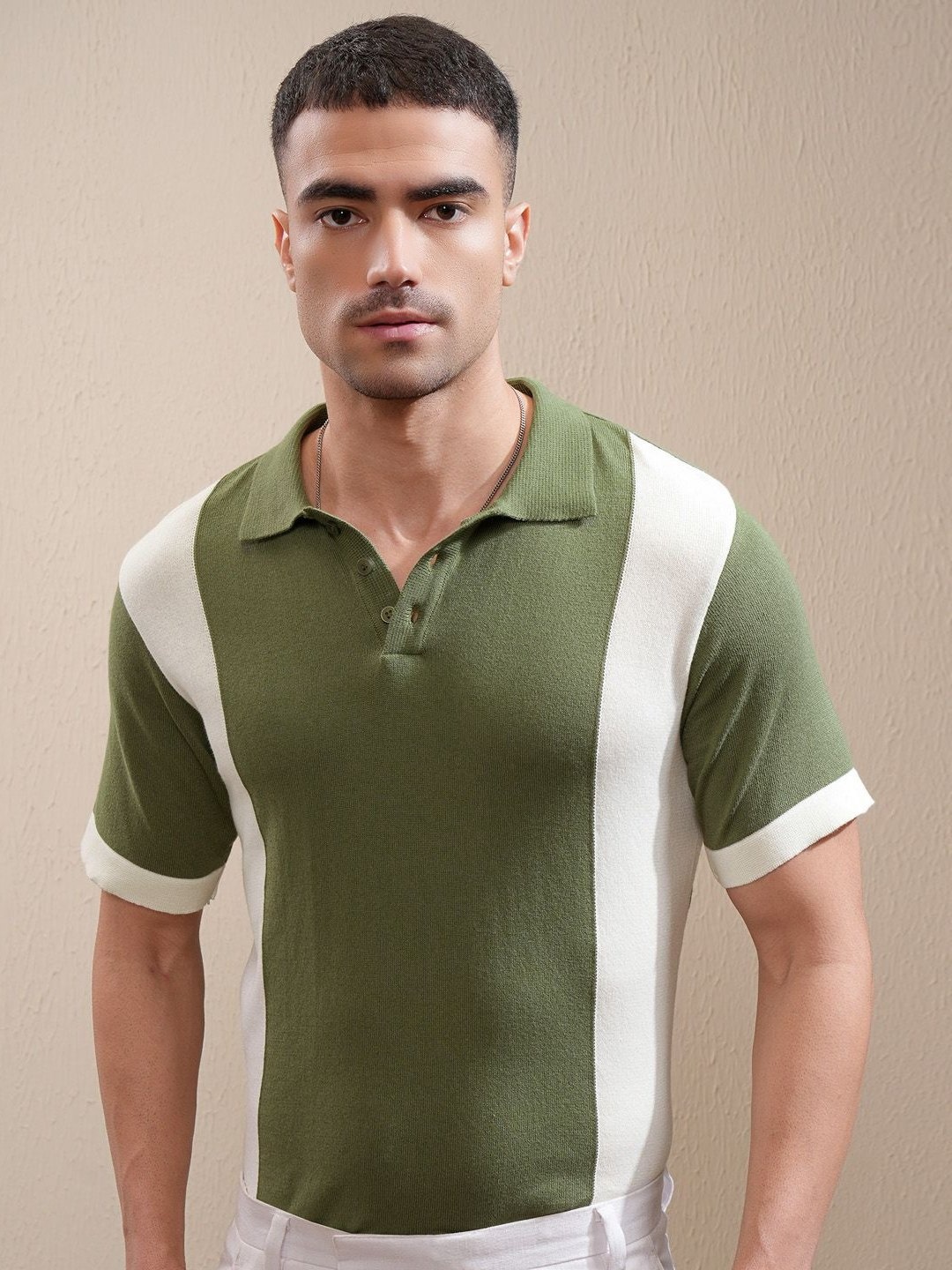 

LOCOMOTIVE Premium Men Knited Textured Polo Neck Relaxed Fit Tshirt, Olive