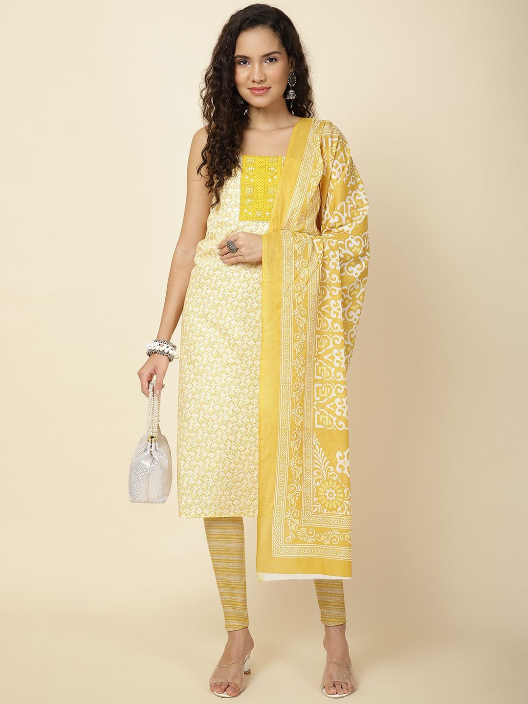 

Meena Bazaar Printed Unstitched Dress Material, Mustard