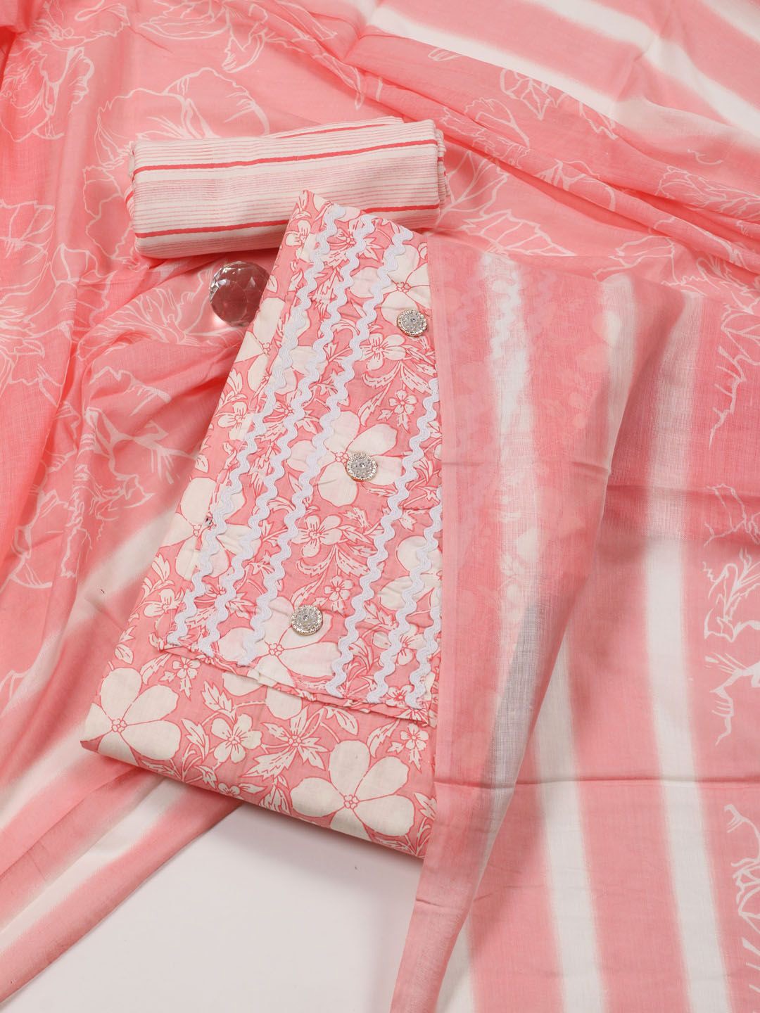 

Meena Bazaar Printed Unstitched Dress Material, Pink
