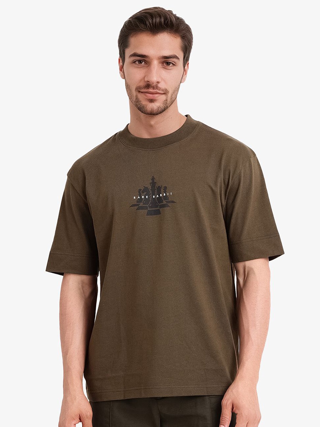 

RARE RABBIT Men Drop-Shoulder Sleeves Raw Edge T-shirt, Olive