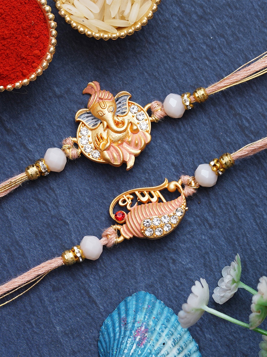 

eCraftIndia Set of 2 Lord Ganesha & Lord Krishna Designer Rakhis with Roli & Chawal, Multi