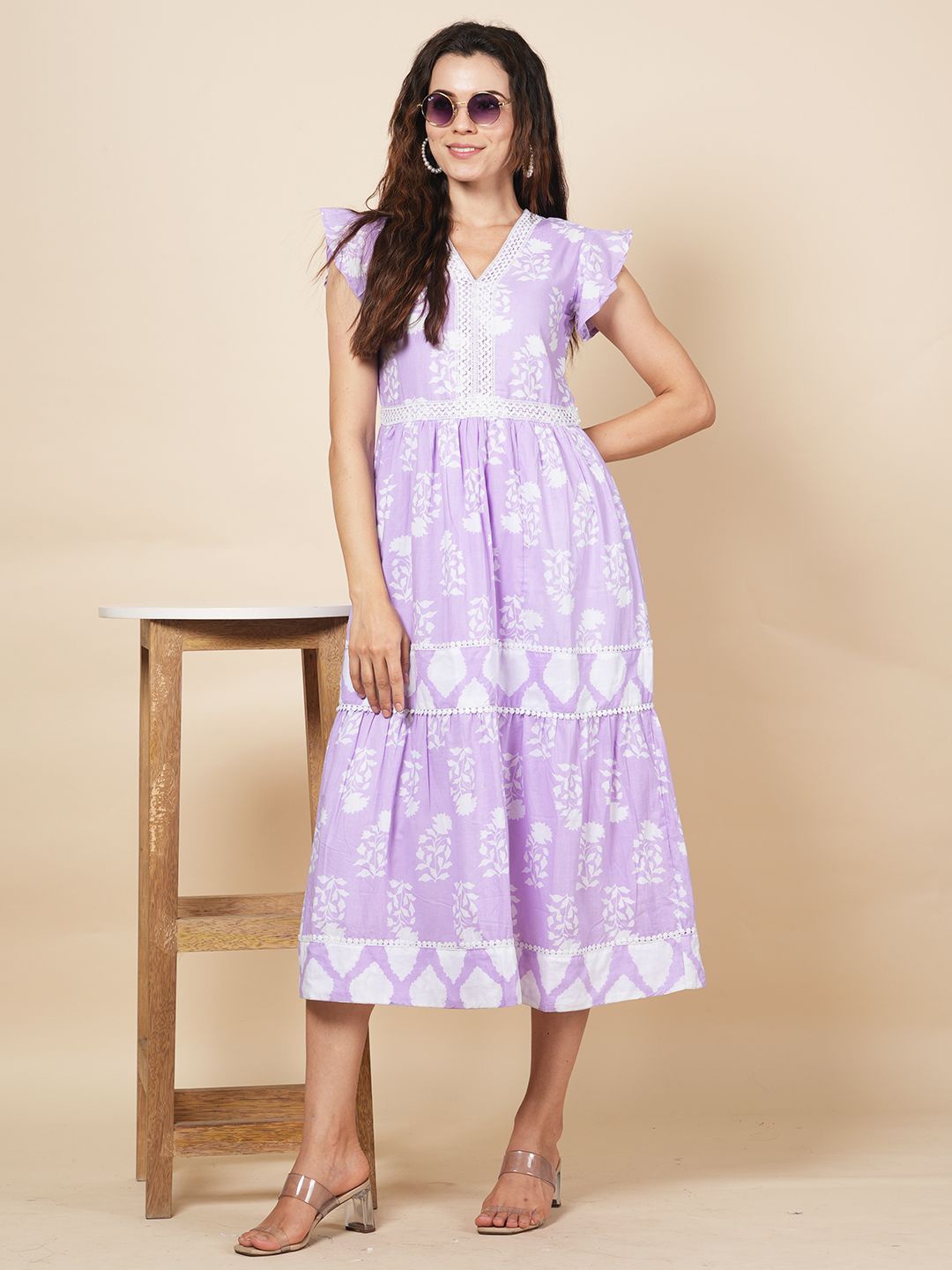 

LABEL KRISHA Ethnic Motifs Printed Cotton A-Line Midi Dress, Lavender