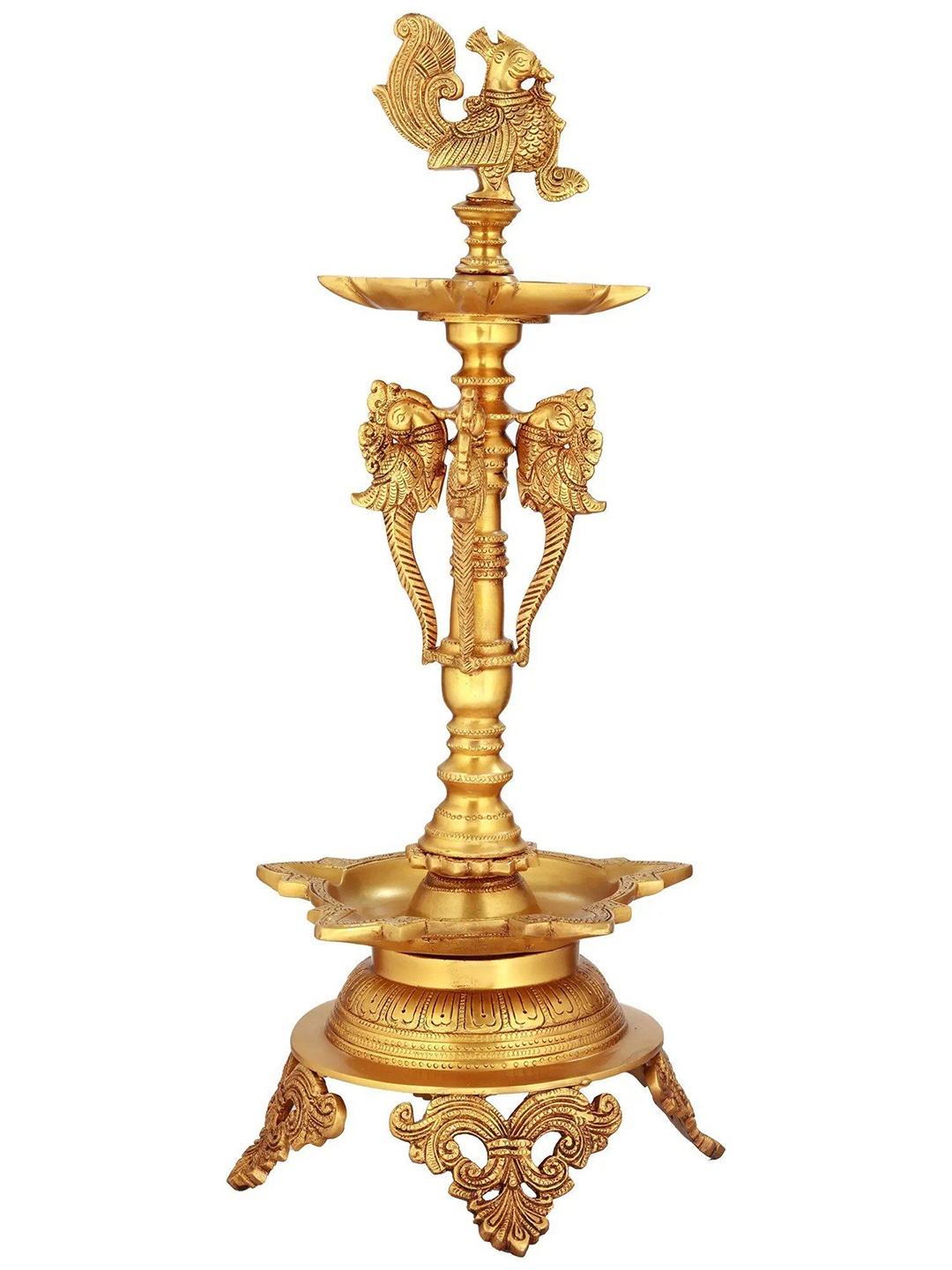 

Exotic India 19" Ten-Wicks Mayur Lamp with Stand in Brass, Gold