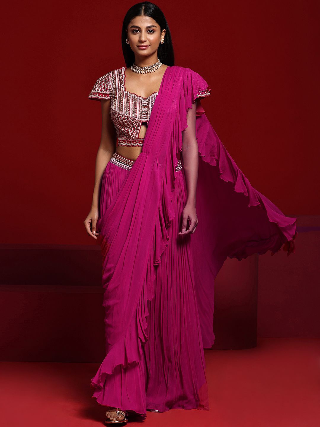 

Libas Art Embellished Draped Ruffled Saree, Pink