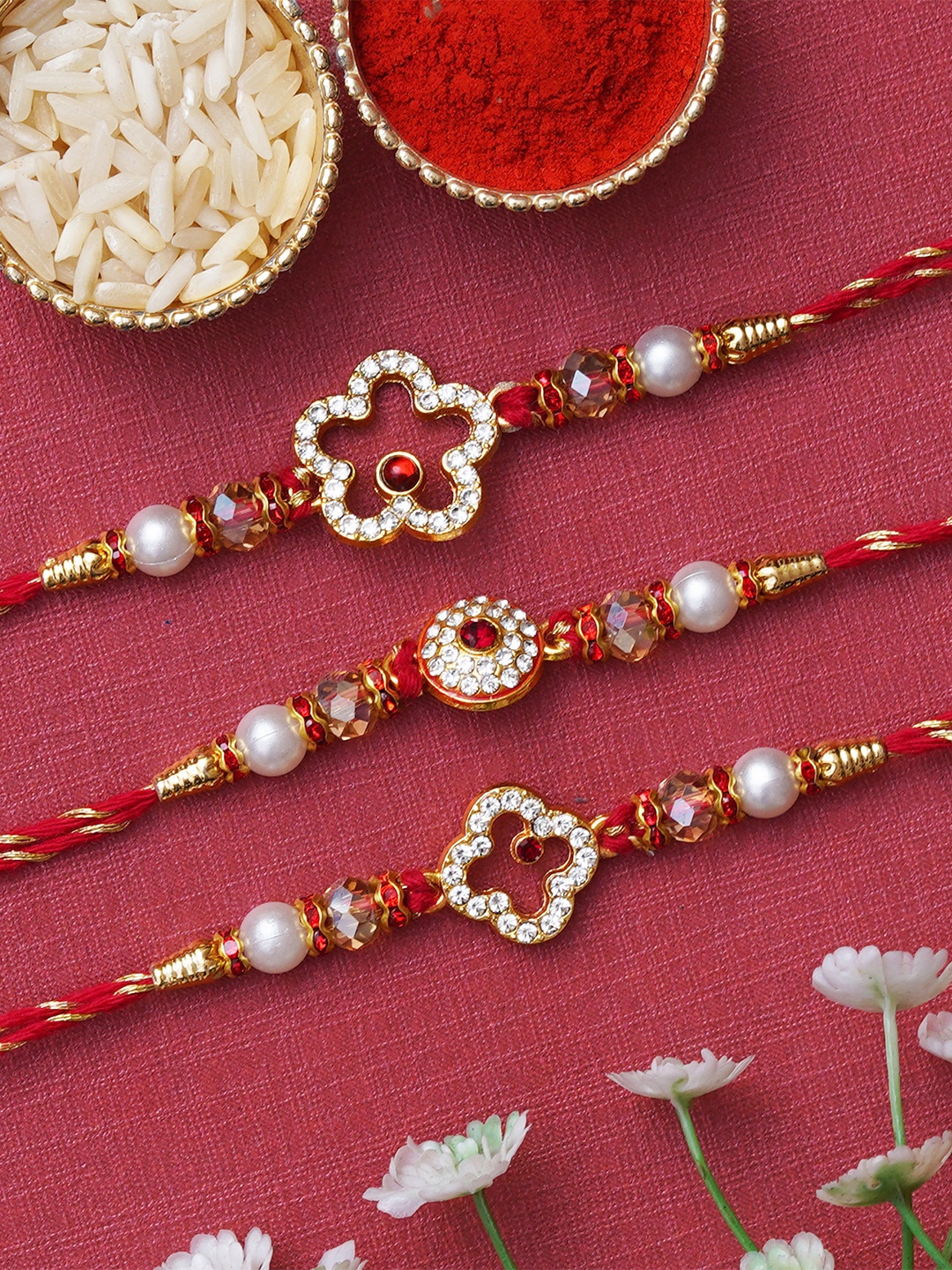 

eCraftIndia Unisex Set of 3 Artificial Diamonds & Pearls Designer Rakhi, Red