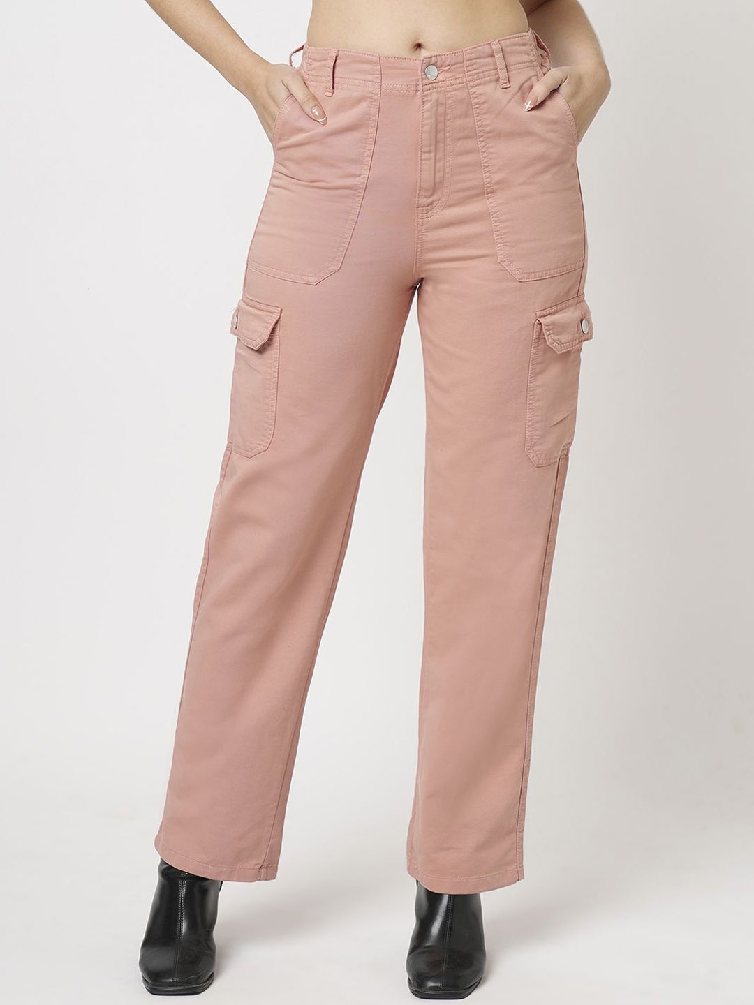 

Kraus Jeans Women Relaxed Straight Leg Loose Fit High-Rise Cargos Trousers, Pink