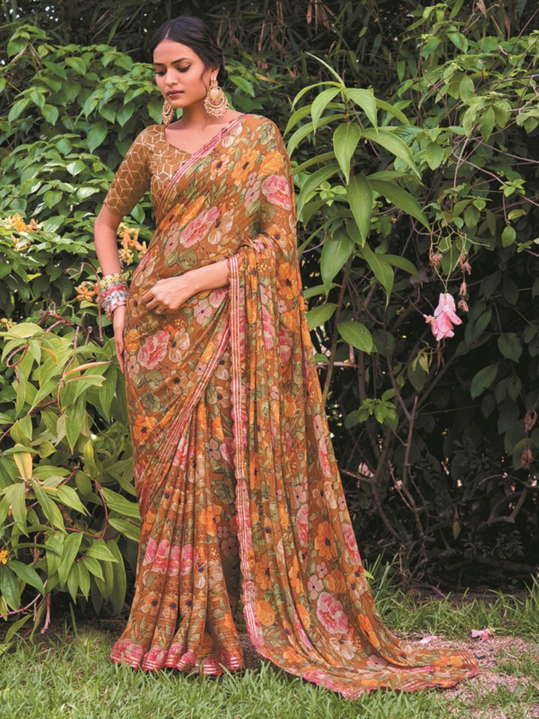 

Mitera Sequinned Floral Printed Saree, Mustard