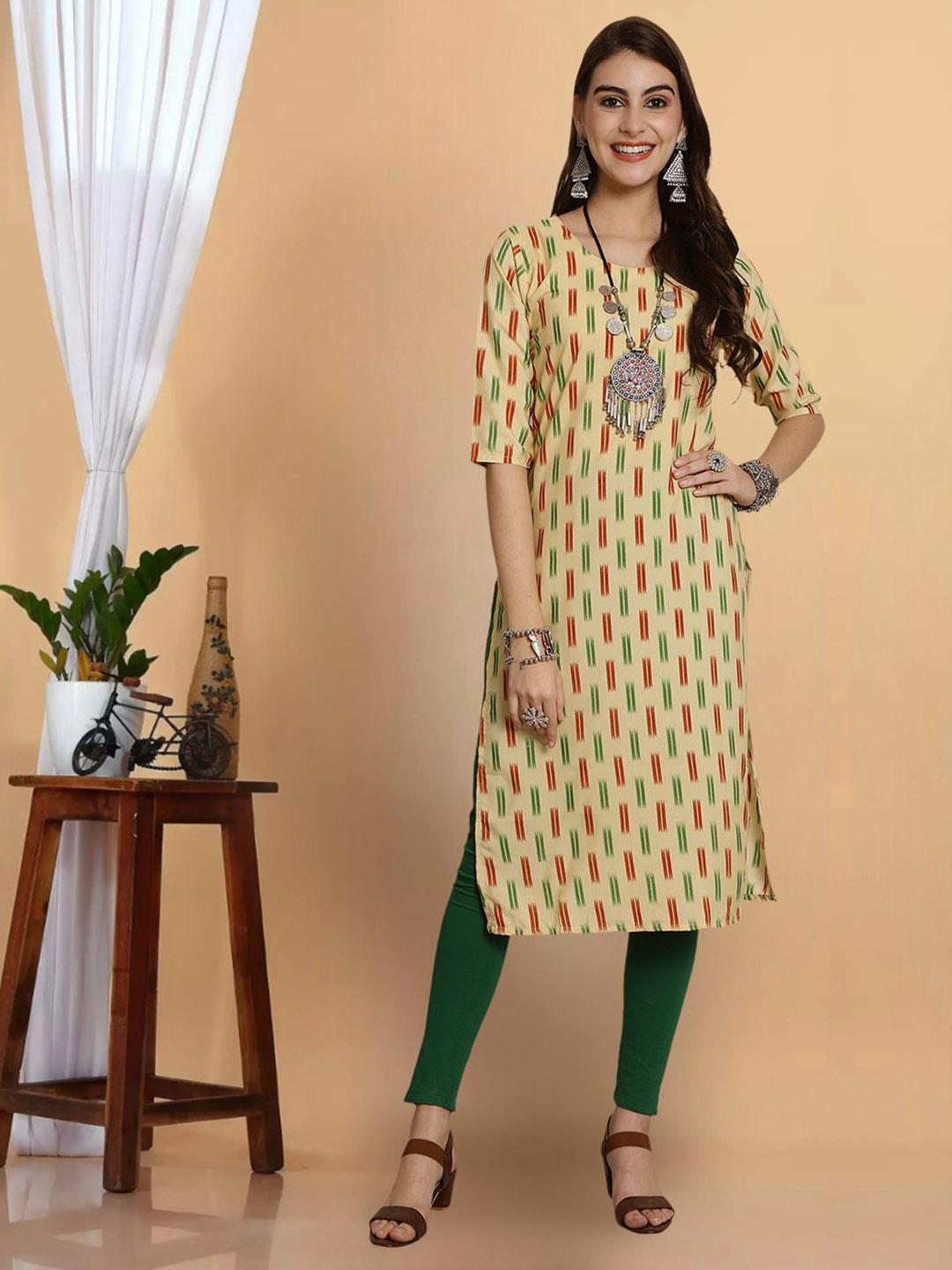 

7Threads Geometric Printed Straight Kurta, Beige