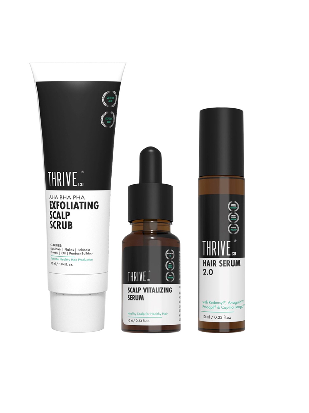 

Thriveco Scalp Exfoliating Scrub & Scalp Vitalizing Serum & Hair Serum- 25ml & 10ml& 10ml, Transparent