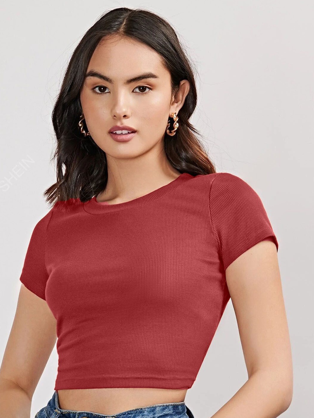 

Tivante Women Solid Knits Round Neck Cotton Top, Maroon