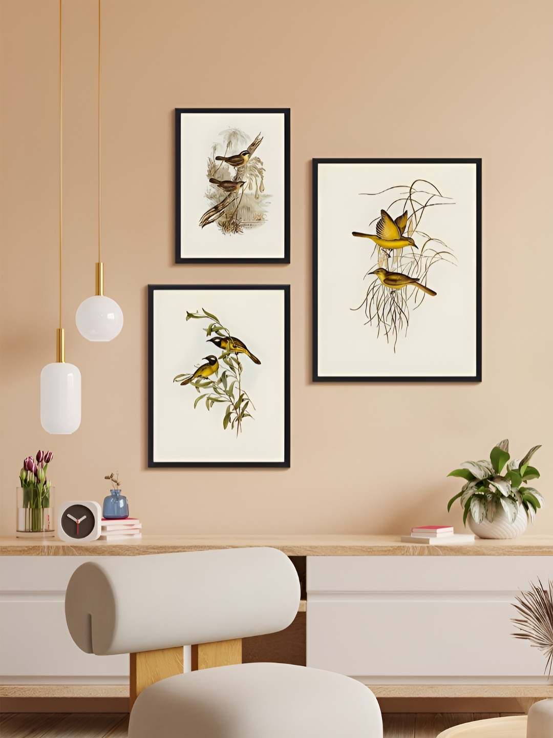 

999Store Tan & White 3 Piece Paper Birds and Animals Wall Paintings