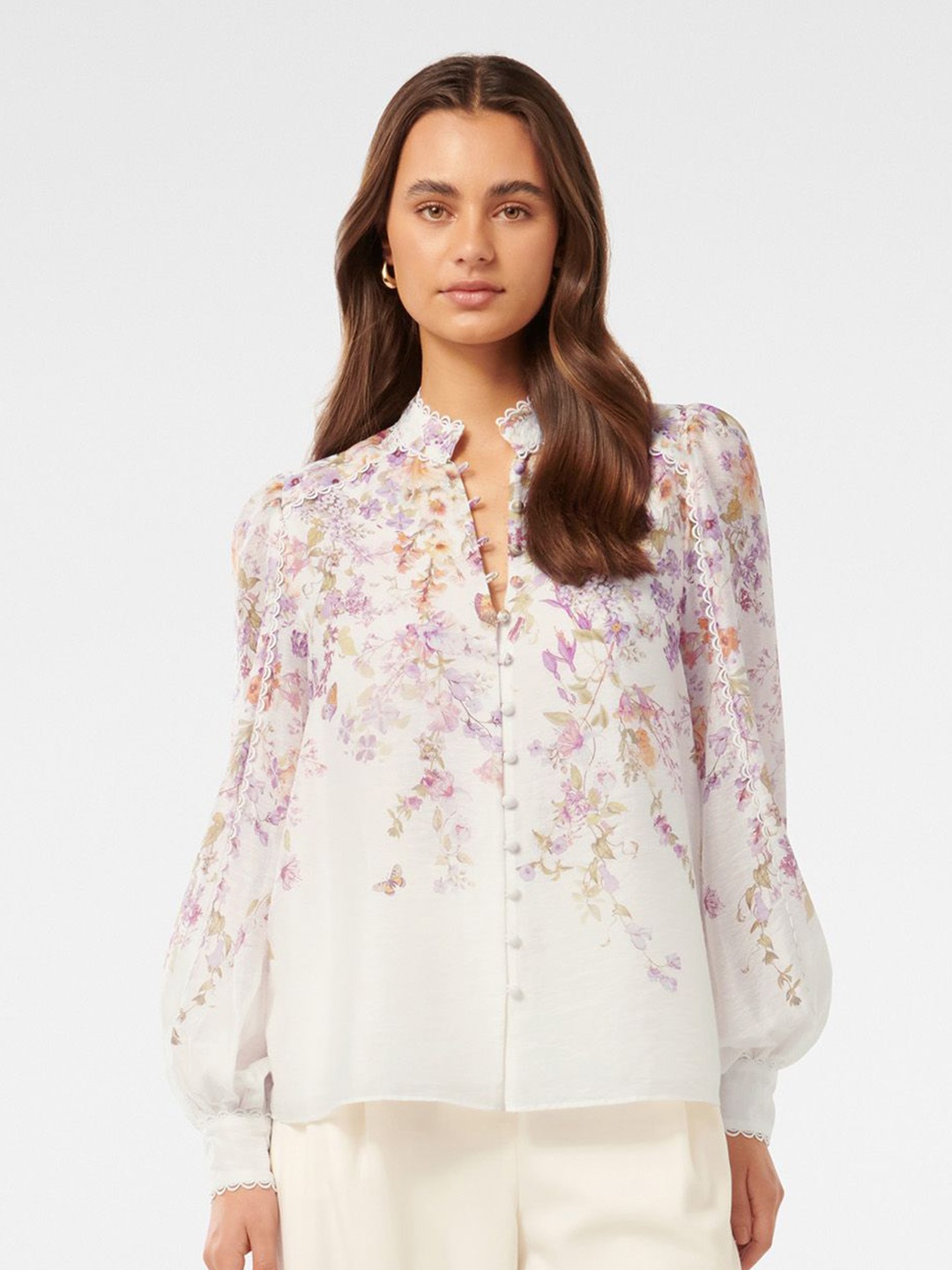

Forever New Women Floral Printed Mandarin Collar Lyocell Top, Off white