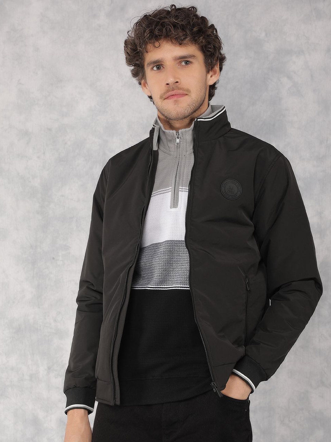 

Crimsoune Club Men Striped Lightweight Bomber with Embroidered Jacket, Black