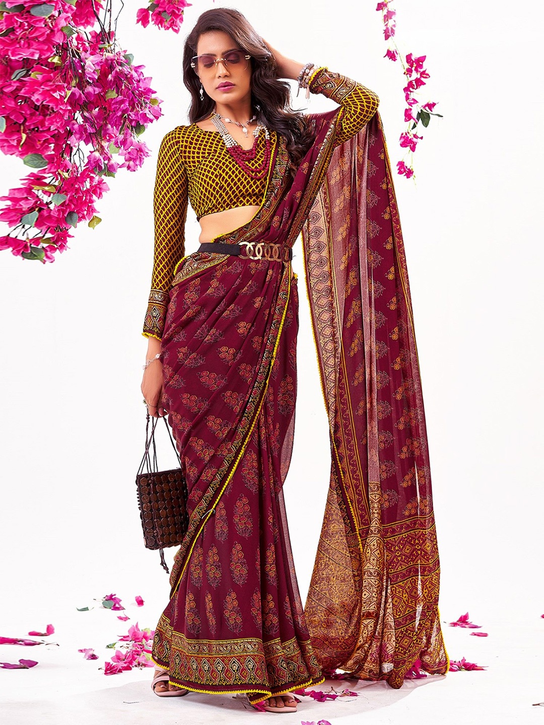 

Mitera Floral Sequinned Saree, Purple