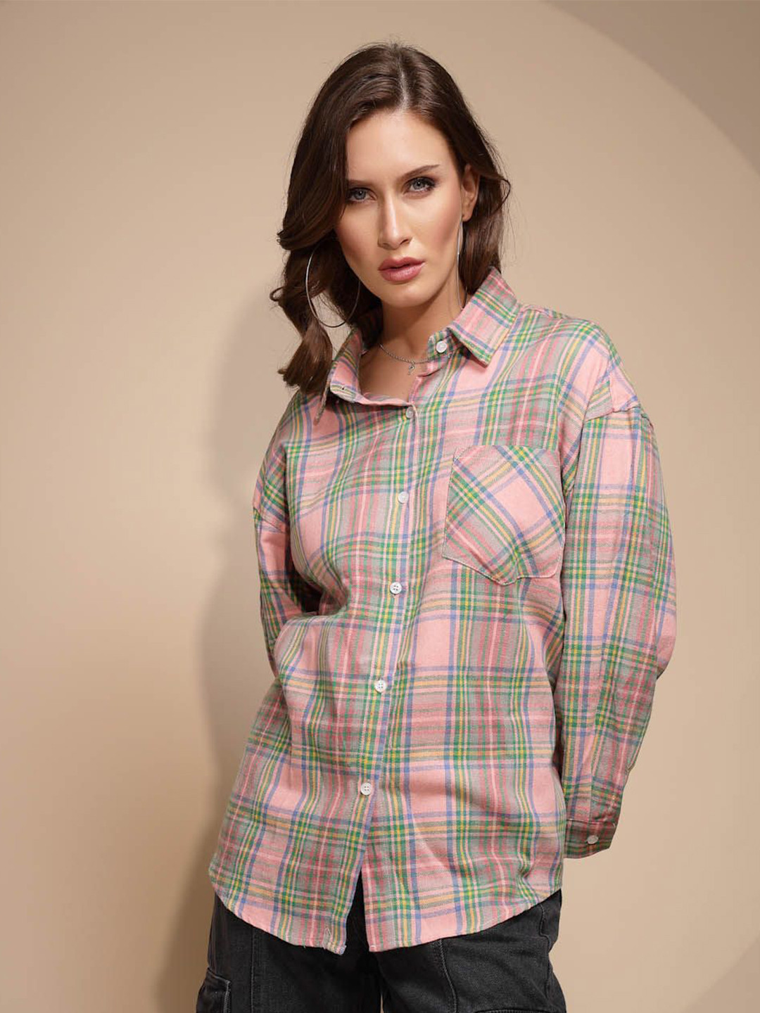 

Global Republic Women Classic Spread Collar Checked Polycotton Relaxed Fit Casual Shirt, Pink