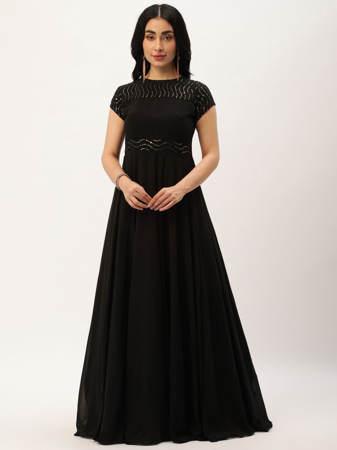 

Ethnovog Solid Embellished Maxi Dress, Black